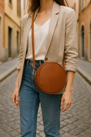 Eco-Leather Round Crossbody Bag – Minimalist Circle Purse – Women’s Vegan Leather Shoulder Bag