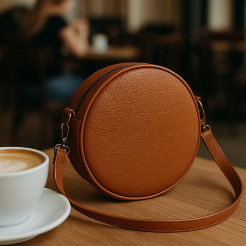 Eco-Leather Round Crossbody Bag – Minimalist Circle Purse – Women’s Vegan Leather Shoulder Bag