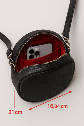 Handmade Black Pebbled Leather Crossbody Bag - Minimalist Round Purse