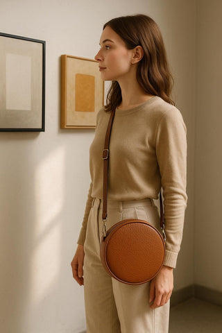 Handmade Black Pebbled Leather Crossbody Bag - Minimalist Round Purse