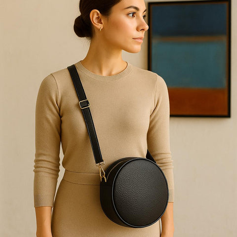 Eco-Leather Round Crossbody Bag – Minimalist Circle Purse – Women’s Vegan Leather Shoulder Bag