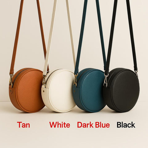 Eco-Leather Round Crossbody Bag – Minimalist Circle Purse – Women’s Vegan Leather Shoulder Bag