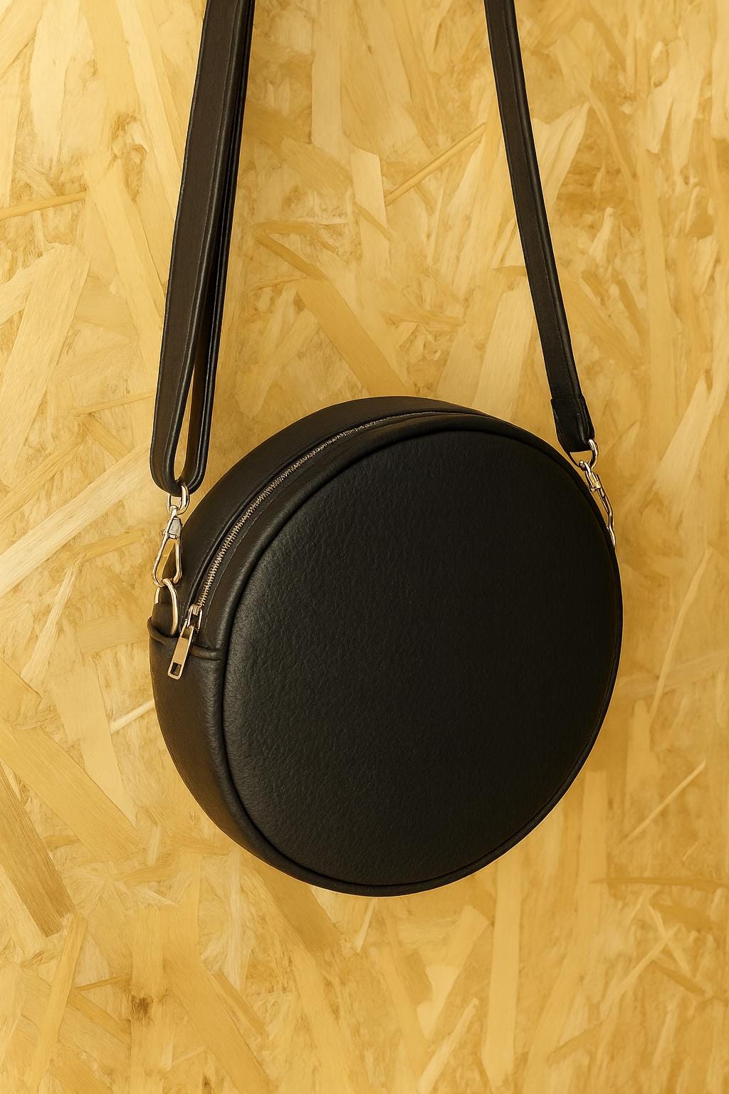 Handmade Black Pebbled Leather Crossbody Bag - Minimalist Round Purse