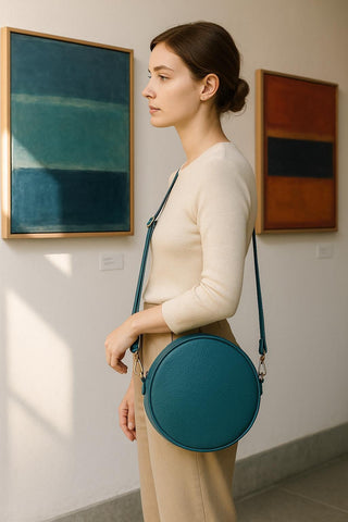 Handmade Black Pebbled Leather Crossbody Bag - Minimalist Round Purse