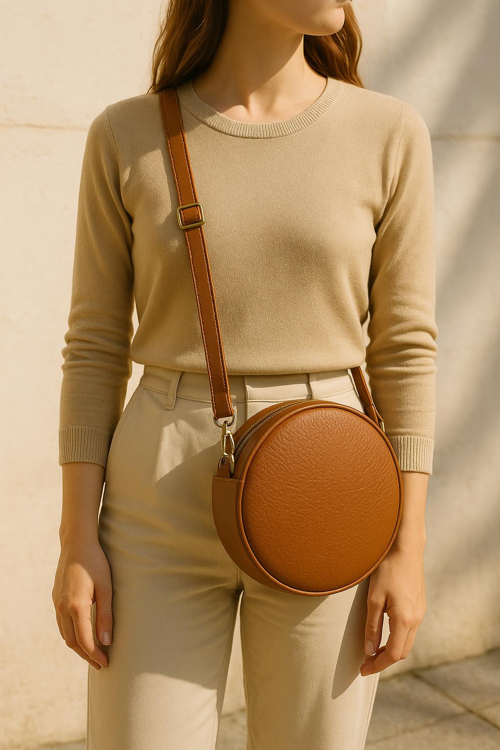 Eco-Leather Round Crossbody Bag – Minimalist Circle Purse – Women’s Vegan Leather Shoulder Bag