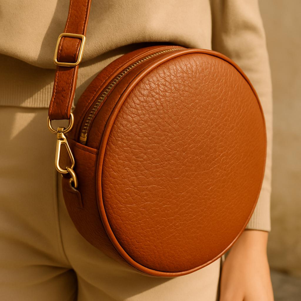 Eco-Leather Round Crossbody Bag – Minimalist Circle Purse – Women’s Vegan Leather Shoulder Bag