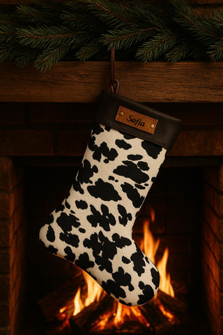 Personalized Leather Christmas Stocking with name tag Black and white cow print fireplace decor