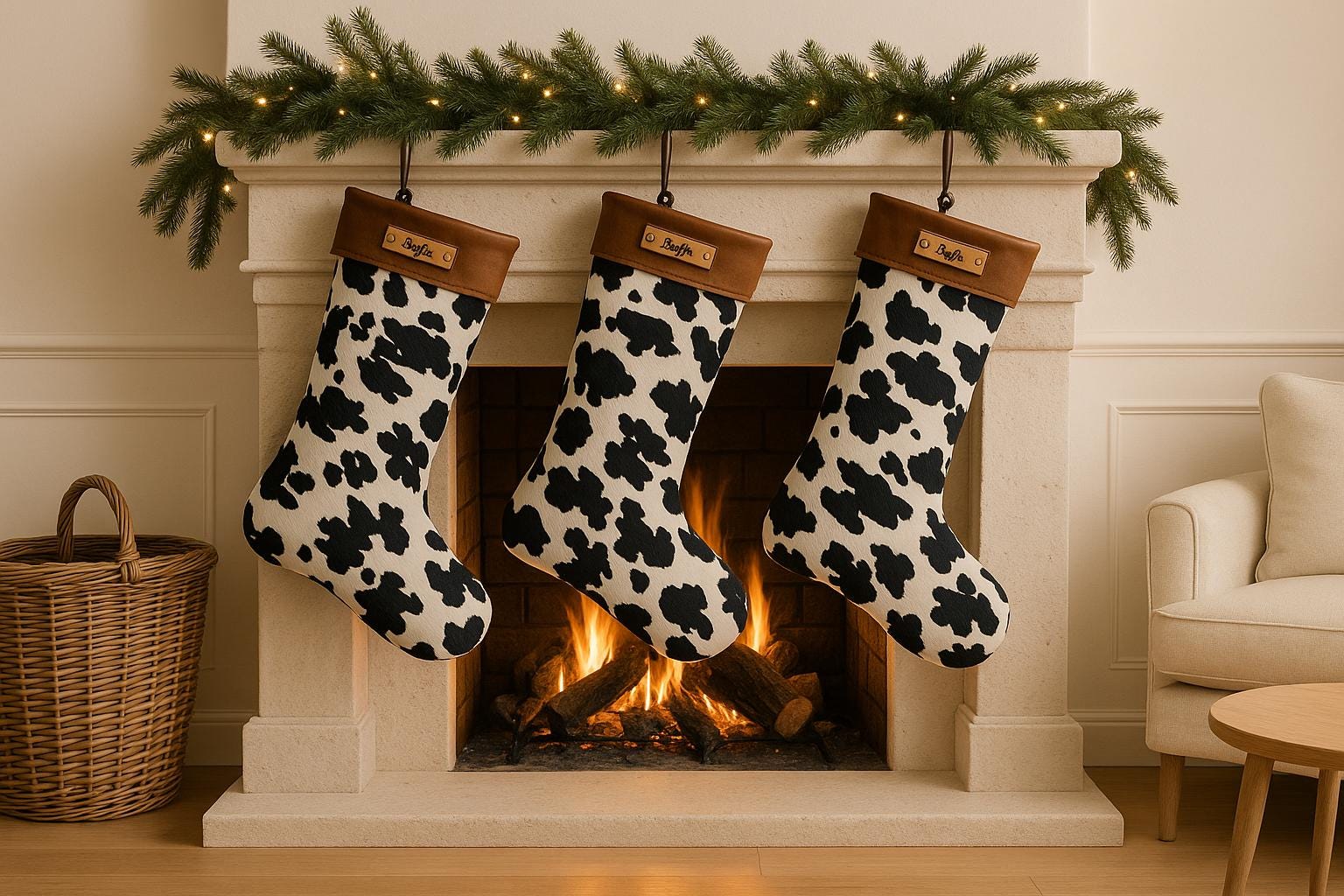 Personalized Leather Christmas Stocking with name tag Black and white cow print fireplace decor