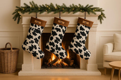 Personalized Leather Christmas Stocking with name tag Black and white cow print fireplace decor