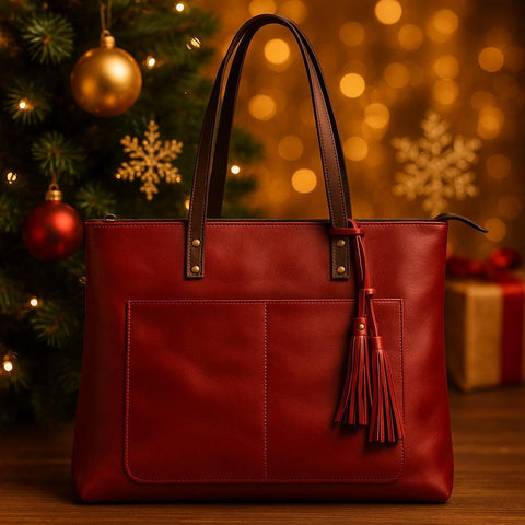 Handmade Red Leather Tote Bag with Zipper & Tassels