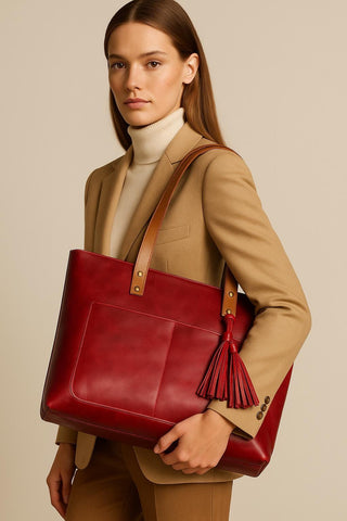 Handmade Red Leather Tote Bag with Zipper & Tassels