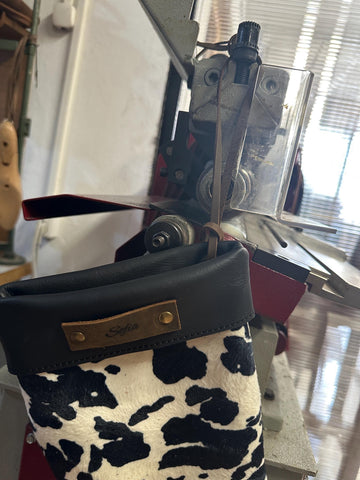Personalized Leather Christmas Stocking with name tag Black and white cow print fireplace decor