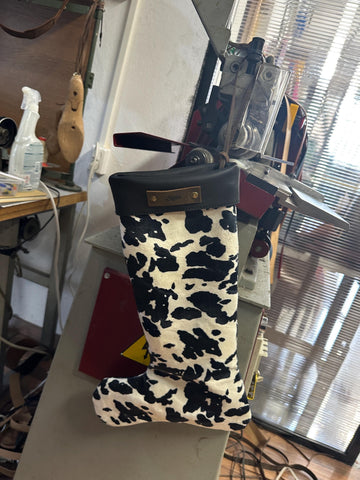 Personalized Leather Christmas Stocking with name tag Black and white cow print fireplace decor