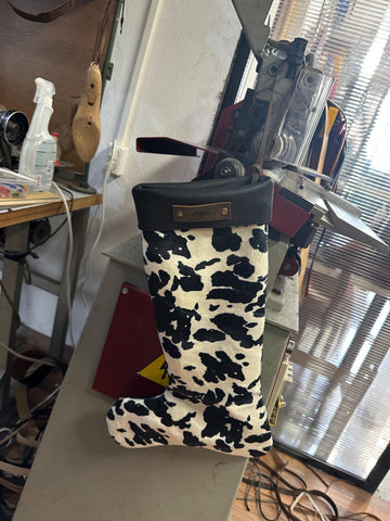 Personalized Leather Christmas Stocking with name tag Black and white cow print fireplace decor