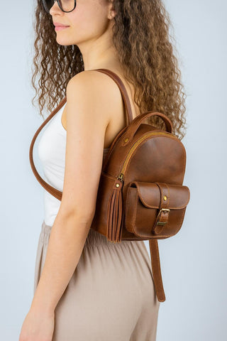 Mini Brown Leather Backpack: Handmade Cowhide 'Theros'