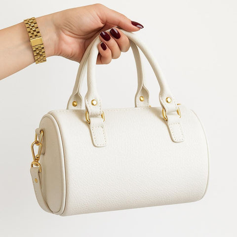 Eco Leather Boston Bag – Brown Vegan Leather Handbag with Gold Details, Elegant Everyday Purse