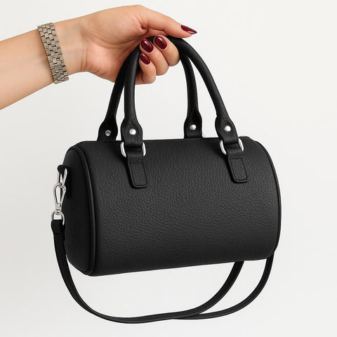Eco Leather Boston Bag – Brown Vegan Leather Handbag with Gold Details, Elegant Everyday Purse