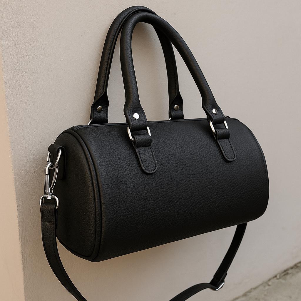 Eco Leather Boston Bag – Brown Vegan Leather Handbag with Gold Details, Elegant Everyday Purse