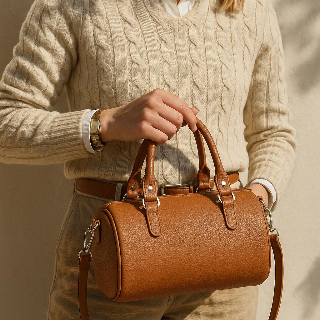 Eco Leather Boston Bag – Brown Vegan Leather Handbag with Gold Details, Elegant Everyday Purse