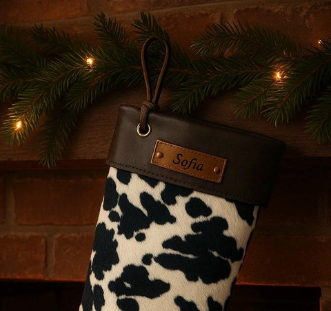Personalized Leather Christmas Stocking: Engraved Name Tag, Holiday Decor