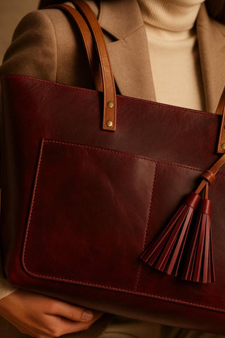 Handmade Red Leather Tote Bag with Zipper & Tassels