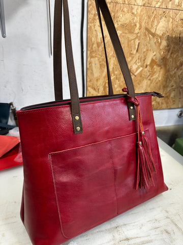 Handmade Red Leather Tote Bag with Zipper & Tassels