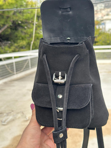 Mini Backpack Purse Suede Black & Caramel, Metal Buckles in Silver