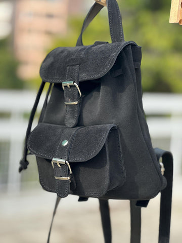 Mini Backpack Purse Suede Black & Caramel, Metal Buckles in Silver
