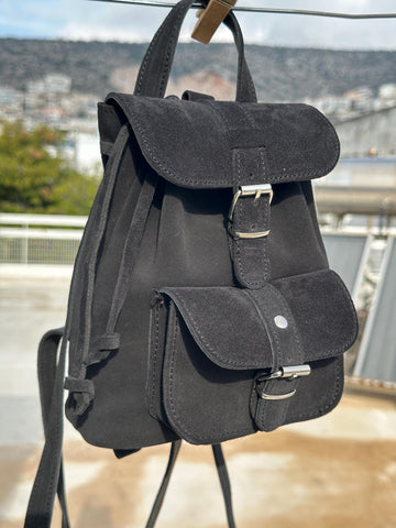 Mini Backpack Purse Suede Black & Caramel, Metal Buckles in Silver