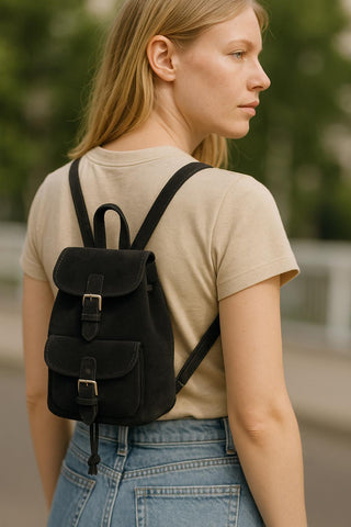 Mini Backpack Purse Suede Black & Caramel, Metal Buckles in Silver