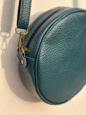 Handmade Black Pebbled Leather Crossbody Bag - Minimalist Round Purse