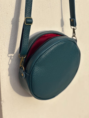 Handmade Black Pebbled Leather Crossbody Bag - Minimalist Round Purse