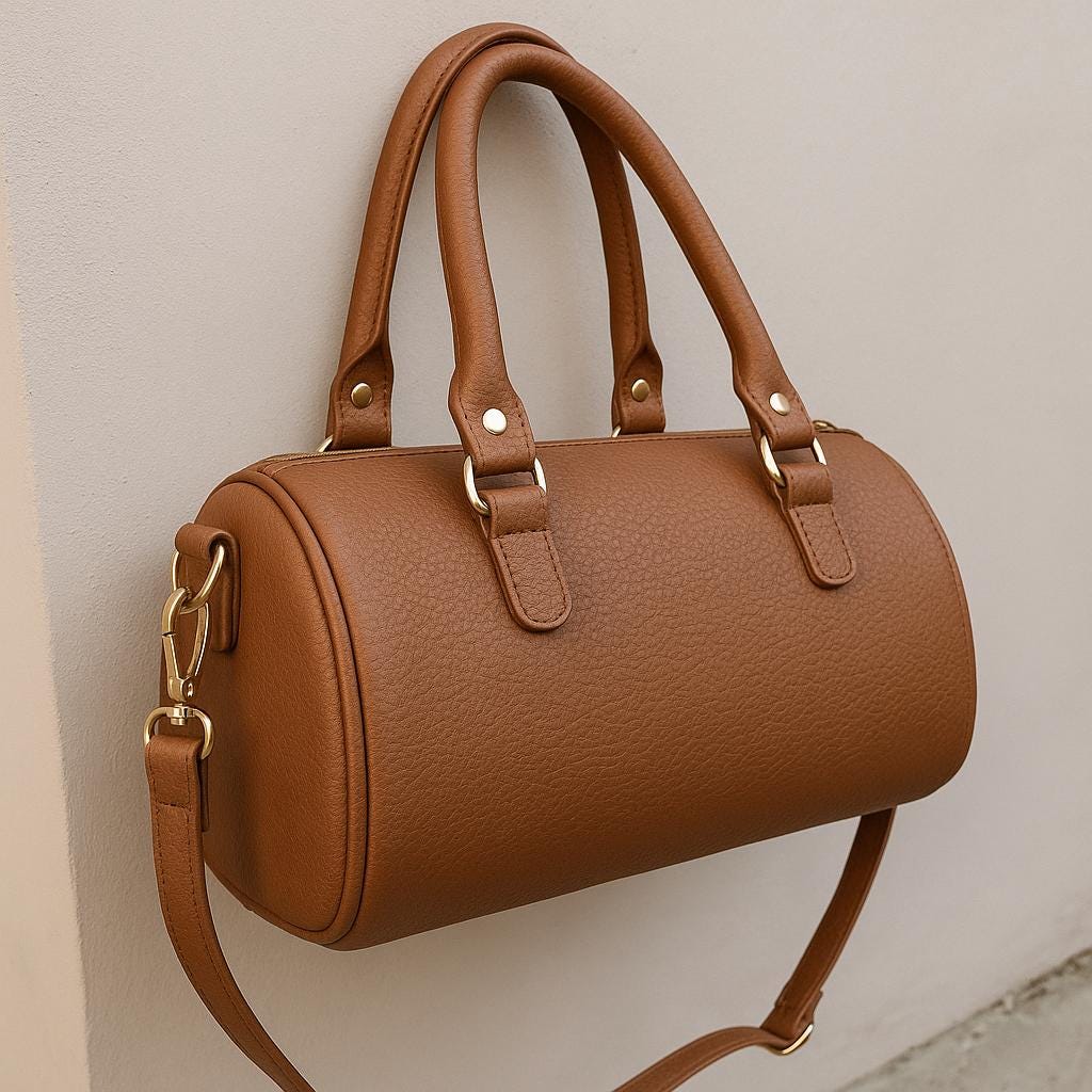 Eco Leather Boston Bag – Brown Vegan Leather Handbag with Gold Details, Elegant Everyday Purse