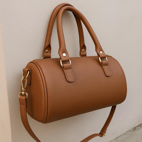 Eco Leather Boston Bag – Brown Vegan Leather Handbag with Gold Details, Elegant Everyday Purse