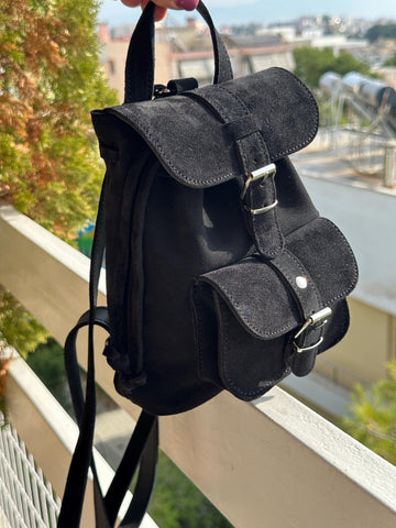 Mini Backpack Purse Suede Black & Caramel, Metal Buckles in Silver