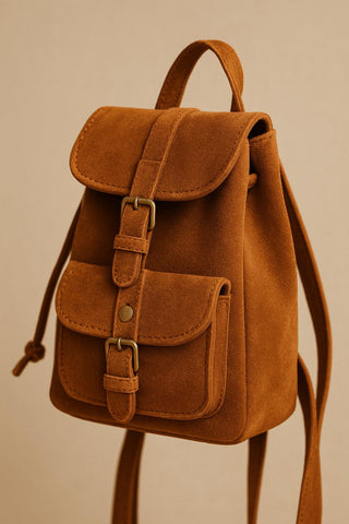 Mini Backpack Purse Suede Black & Caramel, Metal Buckles in Silver