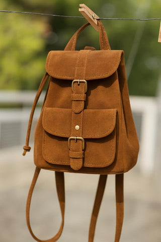 Mini Backpack Purse Suede Black & Caramel, Metal Buckles in Silver