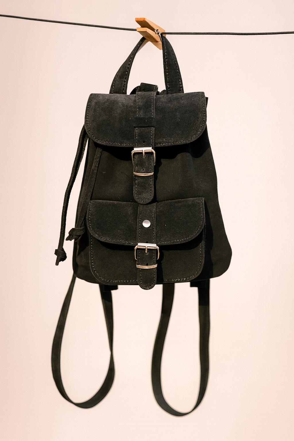 Mini Backpack Purse Suede Black & Caramel, Metal Buckles in Silver