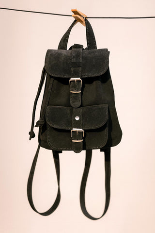 Mini Backpack Purse Suede Black & Caramel, Metal Buckles in Silver