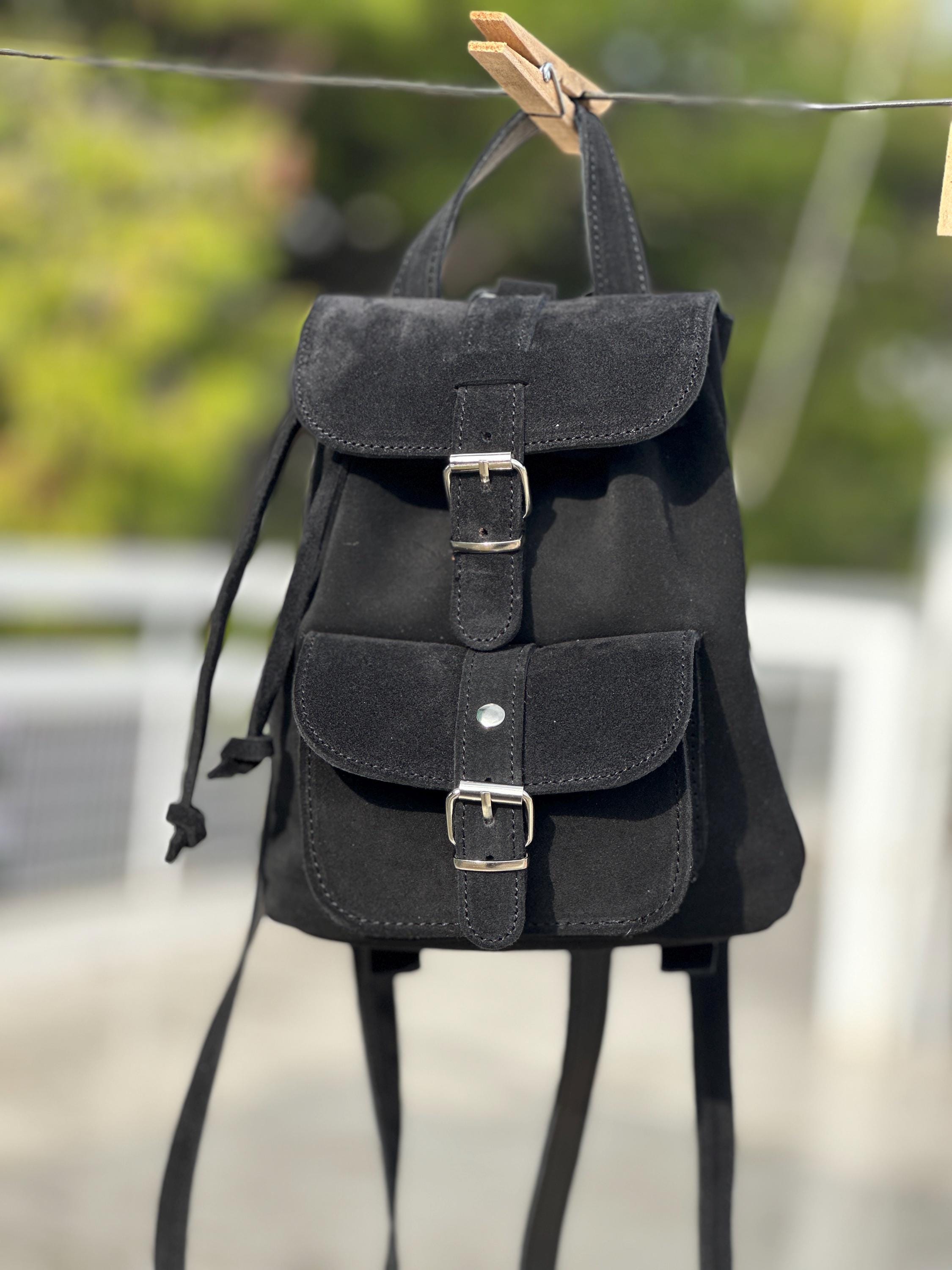 Mini Backpack Purse Suede Black & Caramel, Metal Buckles in Silver
