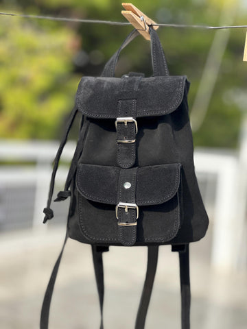 Mini Backpack Purse Suede Black & Caramel, Metal Buckles in Silver