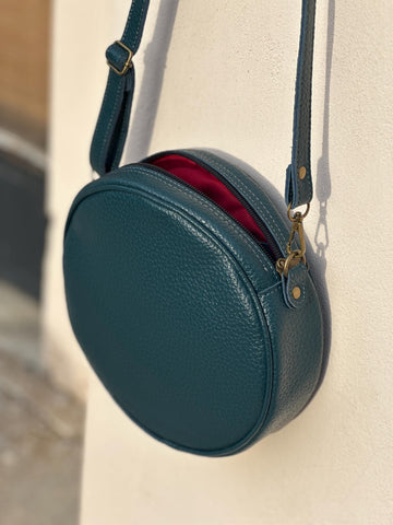 Handmade Black Pebbled Leather Crossbody Bag - Minimalist Round Purse