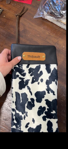 Personalized Leather Christmas Stocking with name tag Black and white cow print fireplace decor