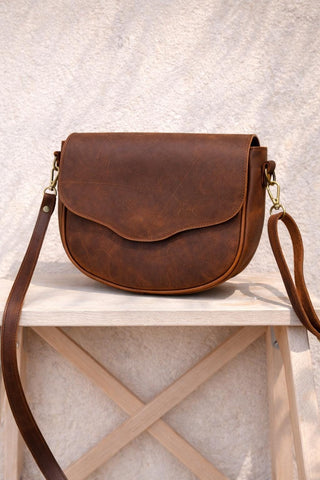 Handmade Crazy Horse Leather Saddle Bag, Brown Crossbody Purse, Vintage Patina