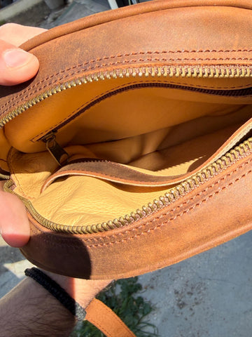 Full Grain Leather Round Crossbody Bag, Handmade Cognac Circle Purse, Mediterranean Style