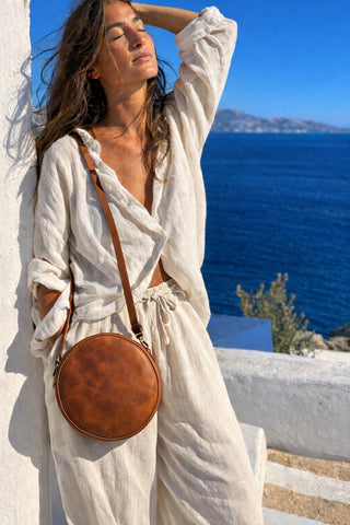 Full Grain Leather Round Crossbody Bag, Handmade Cognac Circle Purse, Mediterranean Style