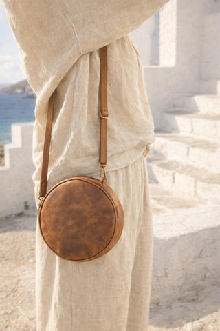 Full Grain Leather Round Crossbody Bag, Handmade Cognac Circle Purse, Mediterranean Style