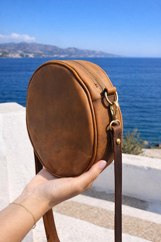 Full Grain Leather Round Crossbody Bag, Handmade Cognac Circle Purse, Mediterranean Style