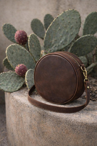 Full Grain Leather Round Crossbody Bag, Handmade Cognac Circle Purse, Mediterranean Style