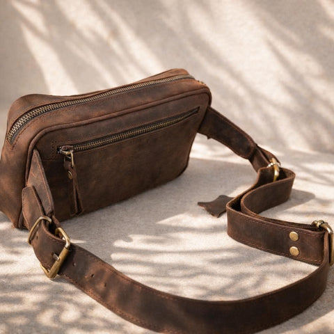 Crazy Horse Leather Waist Bag Mens Fanny Pack Leather Belt Bag Crossbody Bag Travel Hip Bag Handmade Full Grain Leather